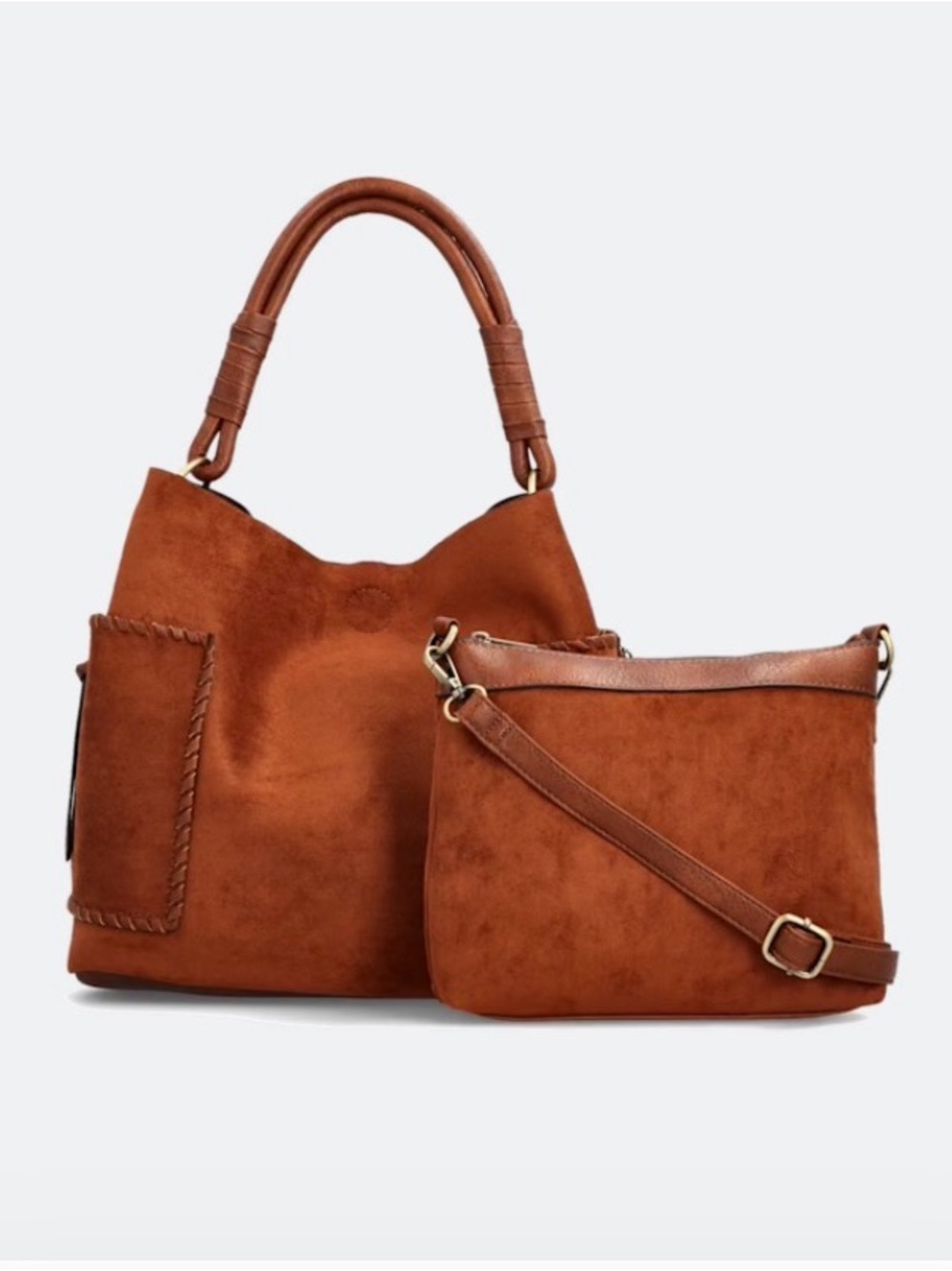 NWT Malibu Skye Janelle Faux Suede Shoulder Bag Set Cognac Brown Hobo Crossbody